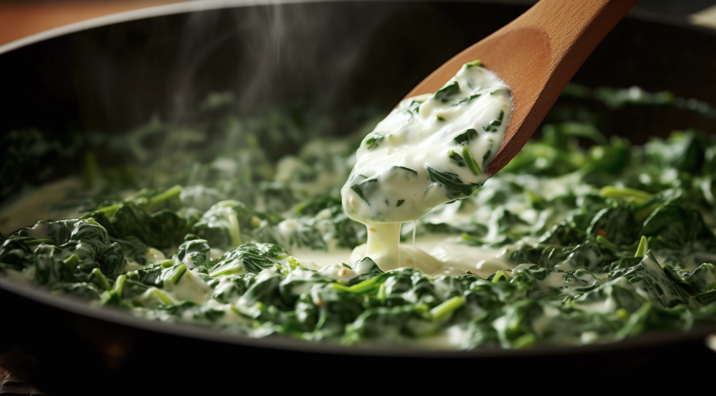 Creamed spinach in a black pot being stirred